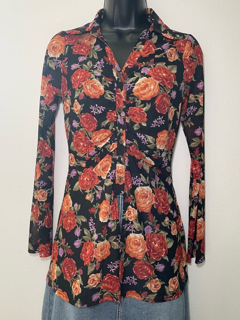 Ember Floral Mesh Button Front Top Small Black Rose Print Long Sleeve Y2K Sheer - Picture 2 of 8